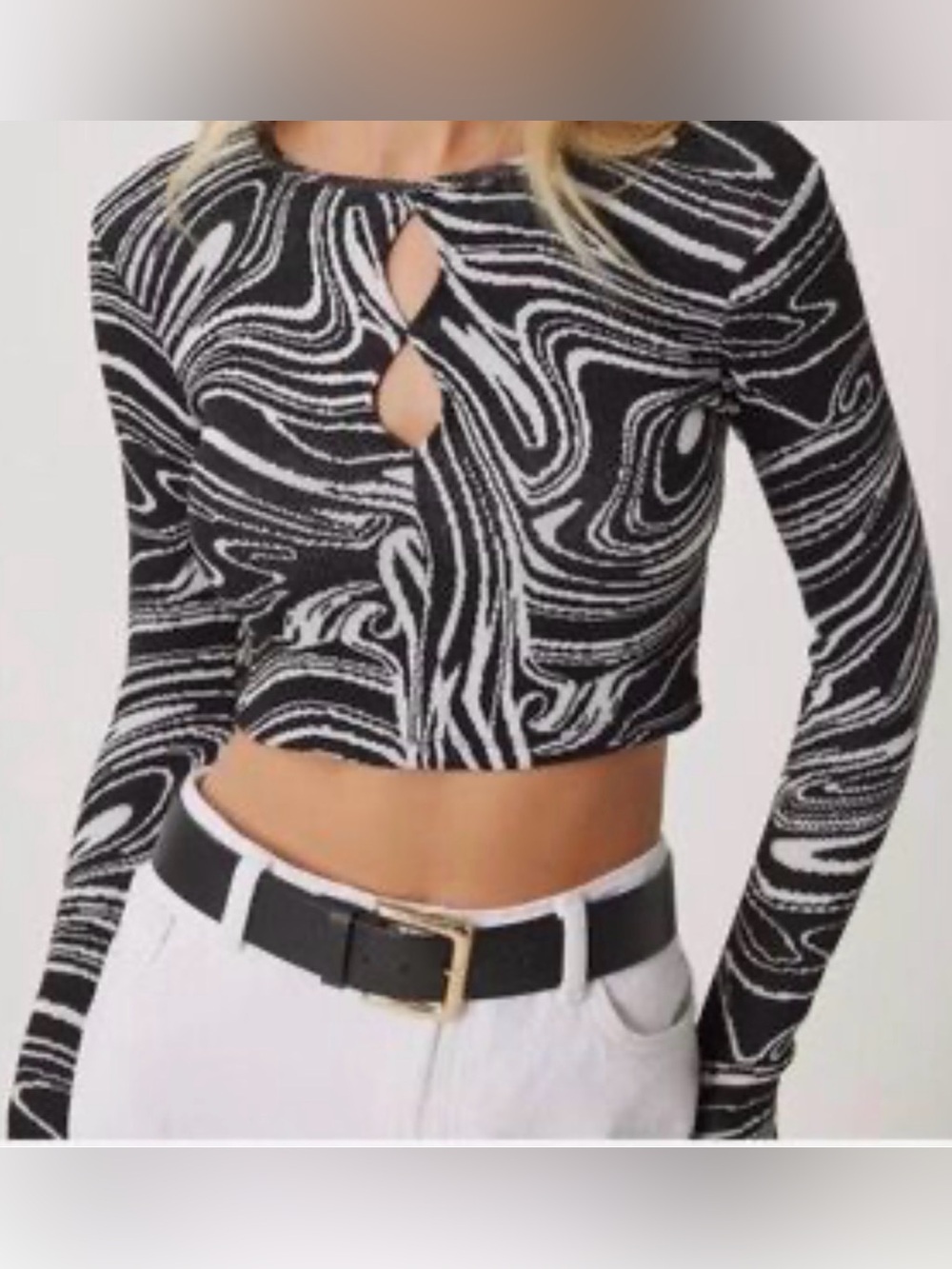 Zara Marble Swirl Pattern Black & White Keyhole Front Top Sz Medium